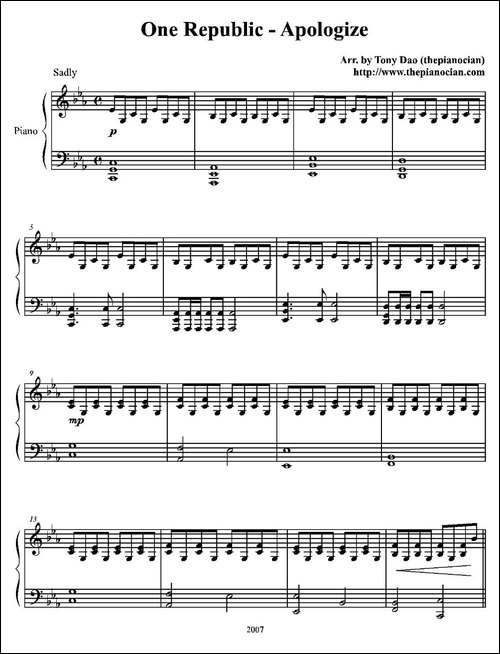 One Republic - Apologize-钢琴谱