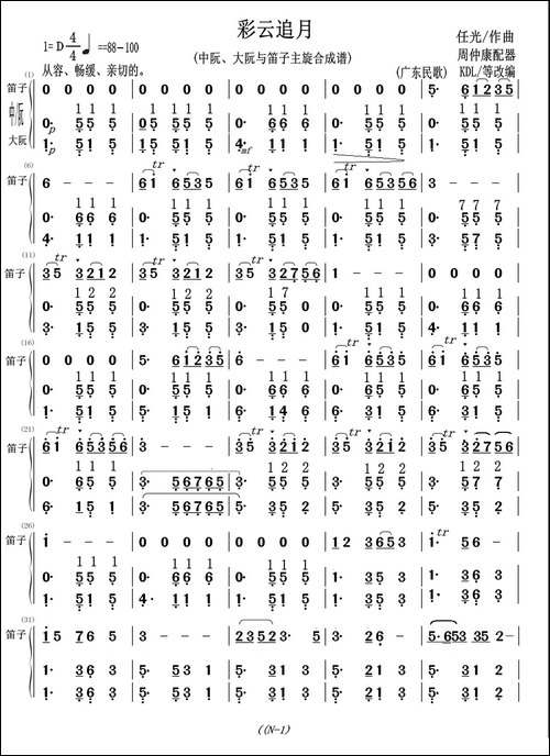 彩云追月-中阮、大阮与笛子主旋合成谱