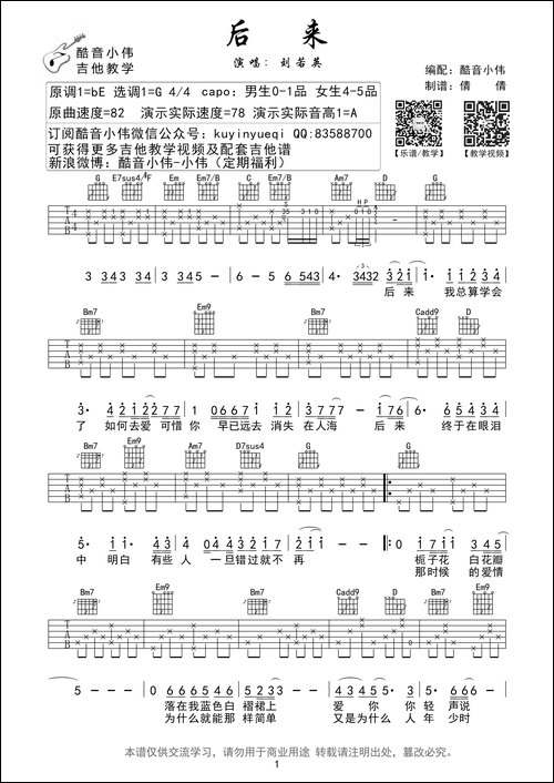 后来-吉他谱、酷音小伟编配版