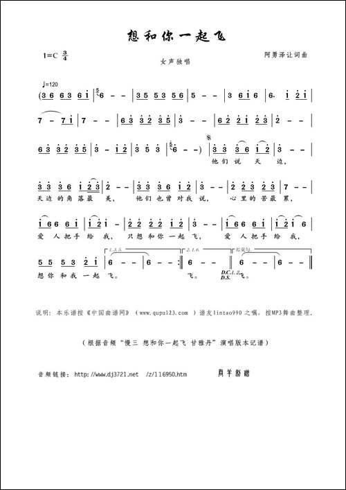 想和你一起飞-阿勇泽让词曲