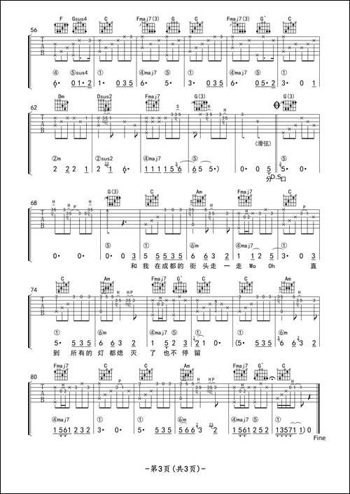 成都<带完整间奏>-吉他六线谱、一生音乐编配版
