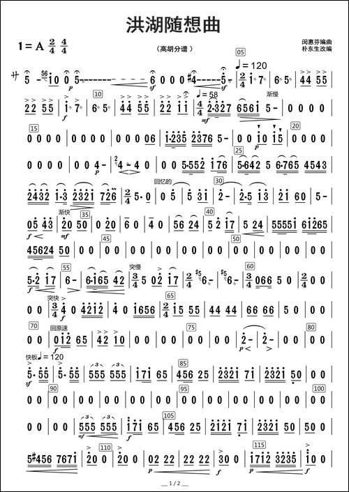 洪湖随想曲-高胡分谱
