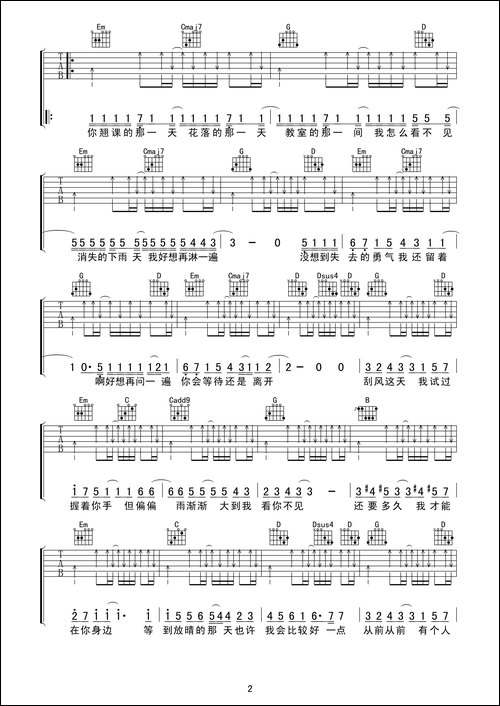 晴天-周杰伦词曲演唱、吉他六线谱