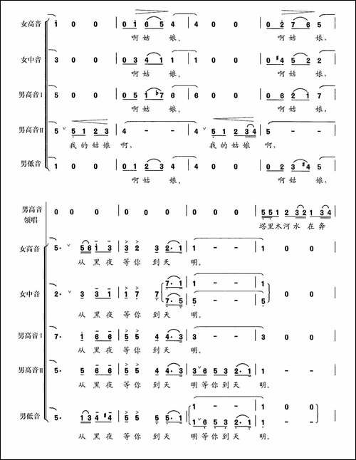我等你到天明-哈萨克民歌-合唱曲谱