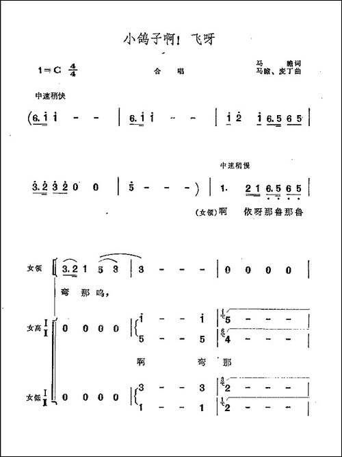 小鸽子啊！飞呀-合唱曲谱