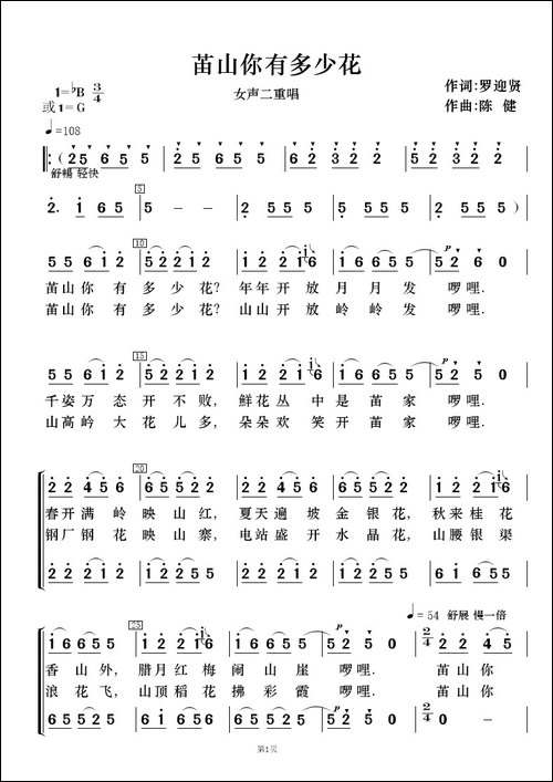 苖山你有多少花-女声二重唱及伴奏总谱、分谱-合唱曲谱