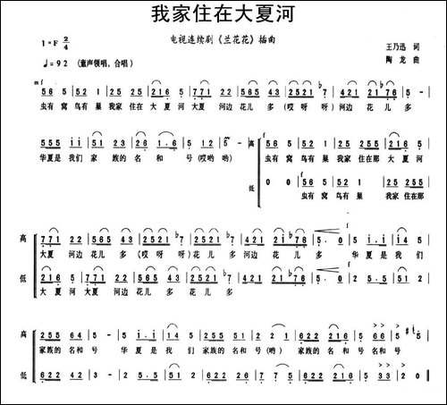 我家住在大夏河-电视剧《兰花花》插曲-合唱曲谱