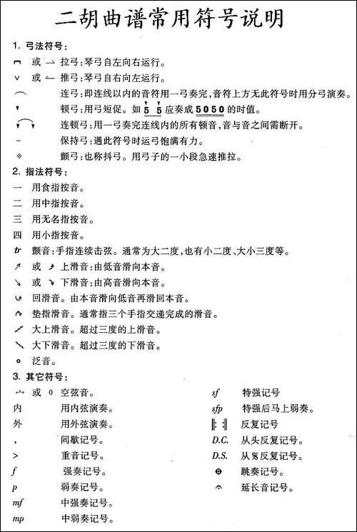 二胡曲谱常用符号说明-胡琴