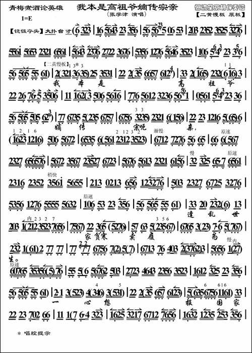 我本是高祖爷嫡传宗亲-《青梅煮酒论英雄》选段、琴谱-京剧唱谱