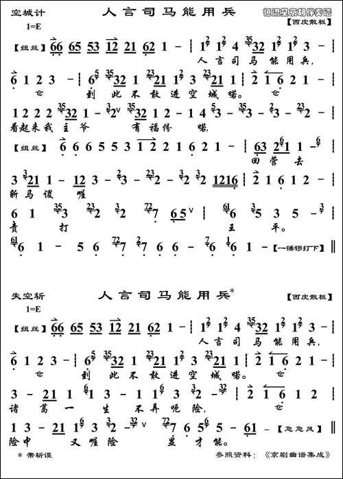 人言司马能用兵-《空城计》选段、琴谱-京剧唱谱