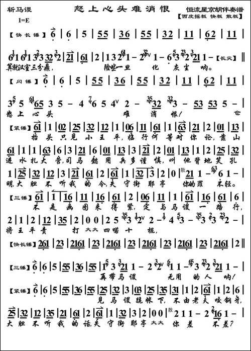 怒上心头难消恨--《斩马谡》选段、老生唱段、琴谱-京剧唱谱