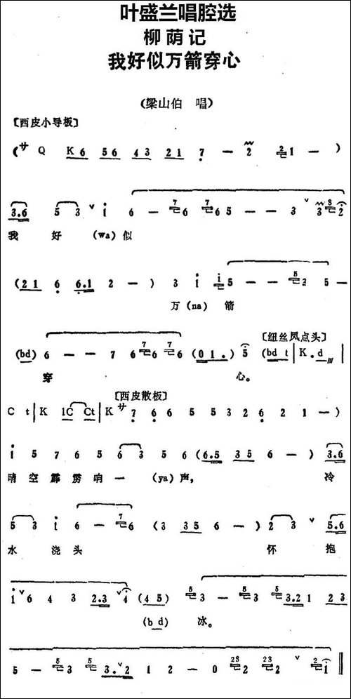 叶盛兰唱腔选：我好似万箭穿心-《柳荫记》梁山伯唱段-京剧唱谱