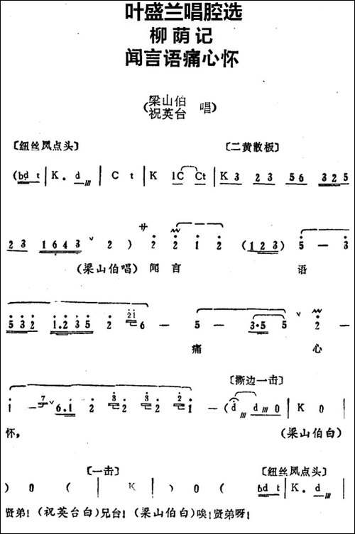 叶盛兰唱腔选：闻言语痛心怀-《柳荫记》梁山伯、祝英台唱段-京剧唱谱