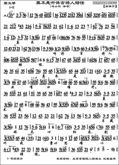 莫不是听谗言将人错怪-《碧玉簪》选段、琴谱-京剧唱谱