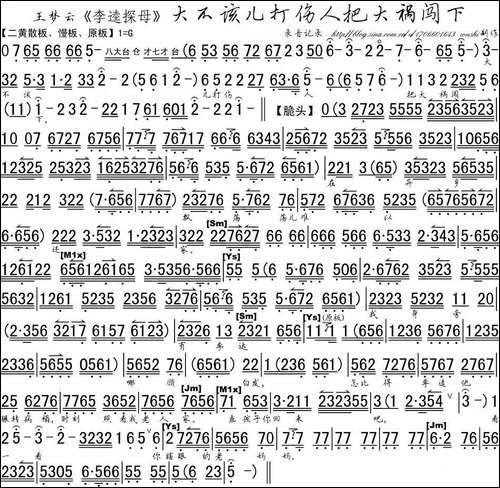 大不该儿打伤人把大祸闯下-《李逵探母》选段、琴谱-京剧唱谱