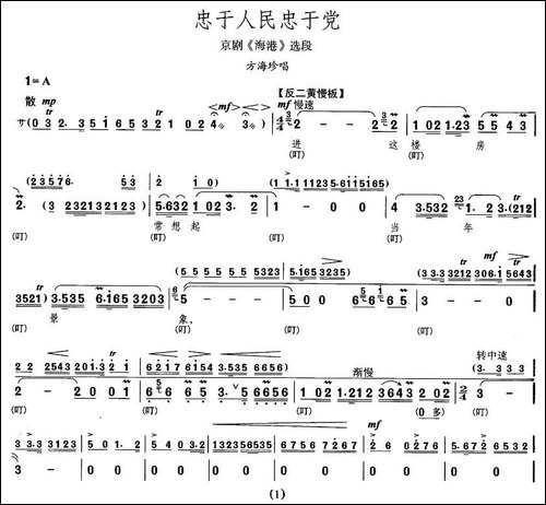 忠于人民忠于党-《海港》方海珍唱段-京剧唱谱