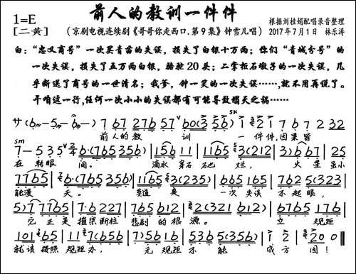 前人的教训一件件-京剧电视剧《哥哥你走西口.第9集》选段、琴谱-京剧唱谱