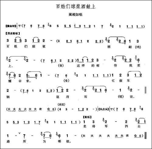 百姓们琼浆酒献上-《将相和》蔺相如唱段-京剧唱谱