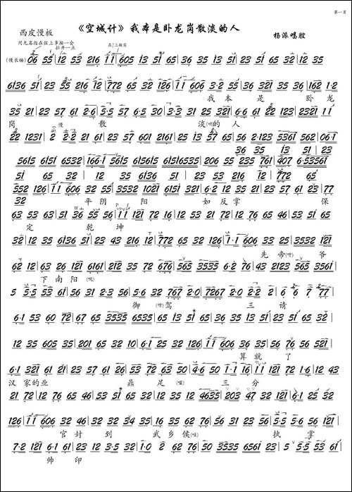 《空城计》我本是卧龙岗散淡的人-京剧《空城计》选段、琴谱-京剧唱谱