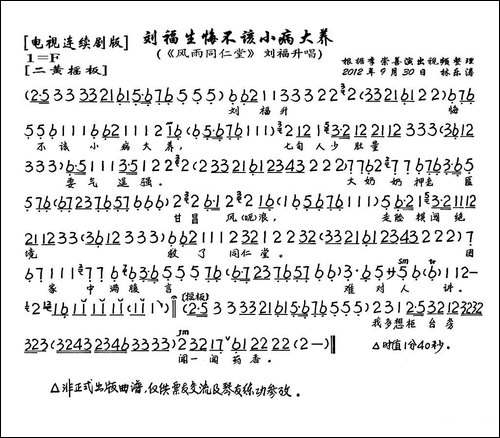 刘福生悔不该小病大养-《风雨同仁堂》刘福生唱段、琴谱-京剧唱谱