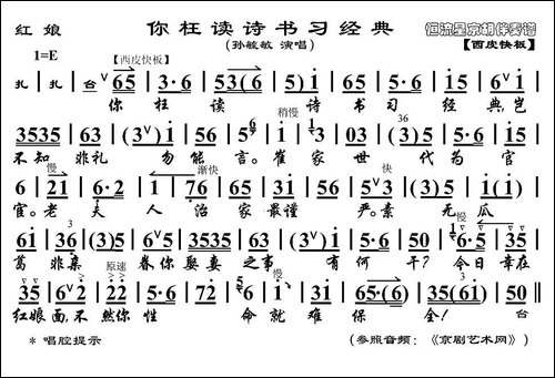 你枉读诗书习经典-《红娘》红娘唱段、京胡伴奏谱-京剧唱谱