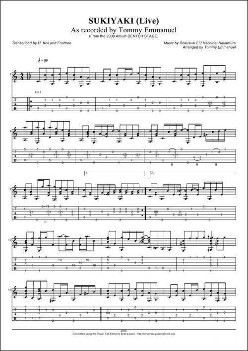 tommy-emmanuel：sukiyaki-指弹吉它-吉他谱