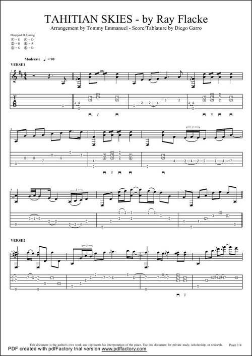 tommy-emmanuel：tahitian-skies-with-score-指弹吉它-吉他谱