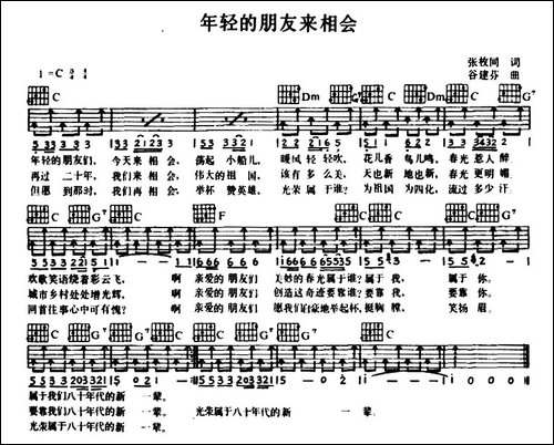 年轻的朋友来相会-张枚同词-谷建芬曲-吉他谱