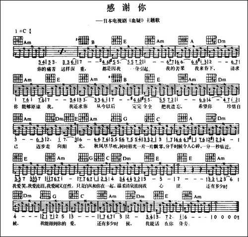 感谢你-日本电视剧《血疑》主题曲-吉他谱