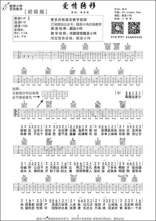 爱情转移-酷音小伟C调简单版-吉他谱