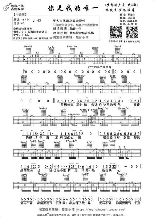 你是我的唯一-邢增华词-巫启贤曲、酷音小伟教学版-吉他谱