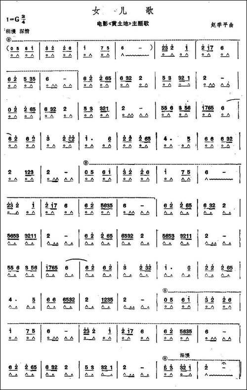 女儿歌-电影《黄土地》主题歌-口琴谱