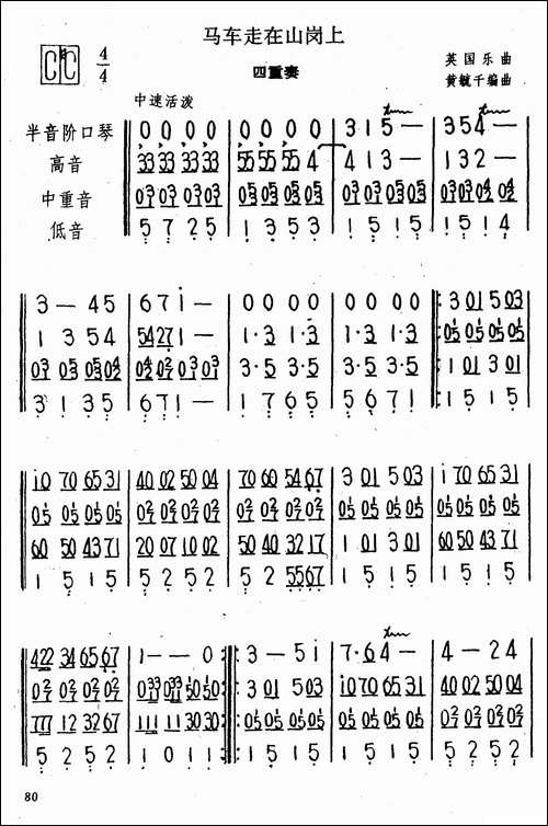 马车走在山岗上-四重奏-口琴谱