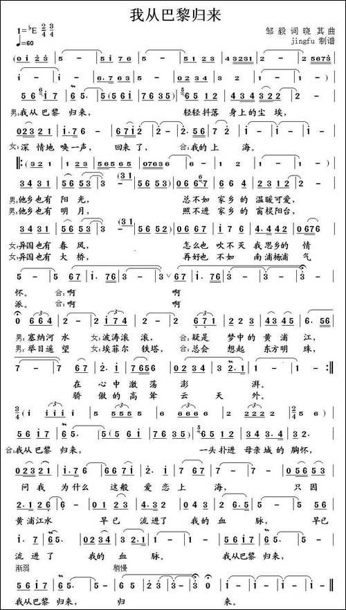 我从巴黎归来-又名：巴黎归来-美声曲谱