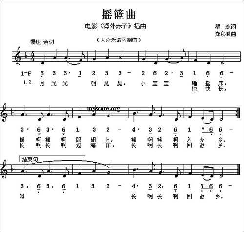 摇篮曲-电影《海外赤子》插曲、线简谱混排版