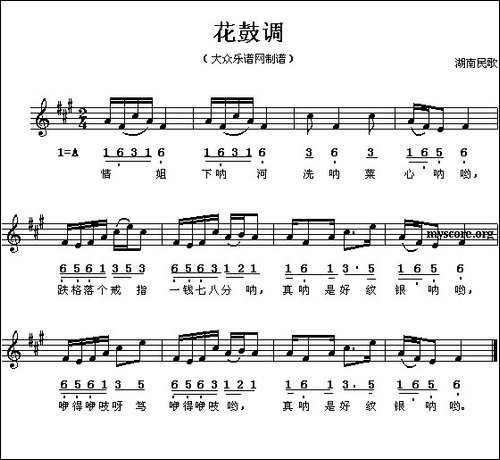 花鼓调-湖南民歌、线简谱混排版
