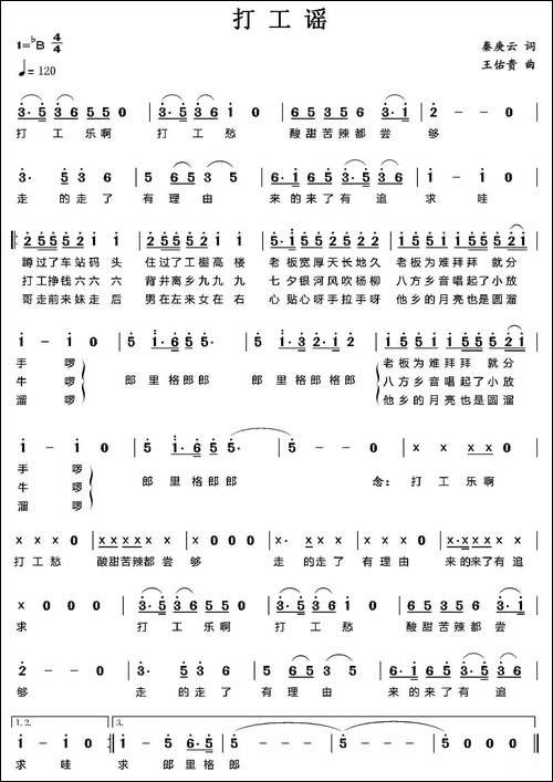 打工谣-秦庚云词-王佑贵曲