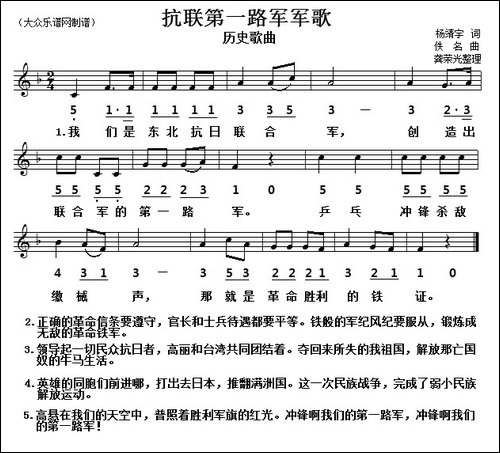 历史歌曲：东北抗联第一路军军歌-线简谱对照版