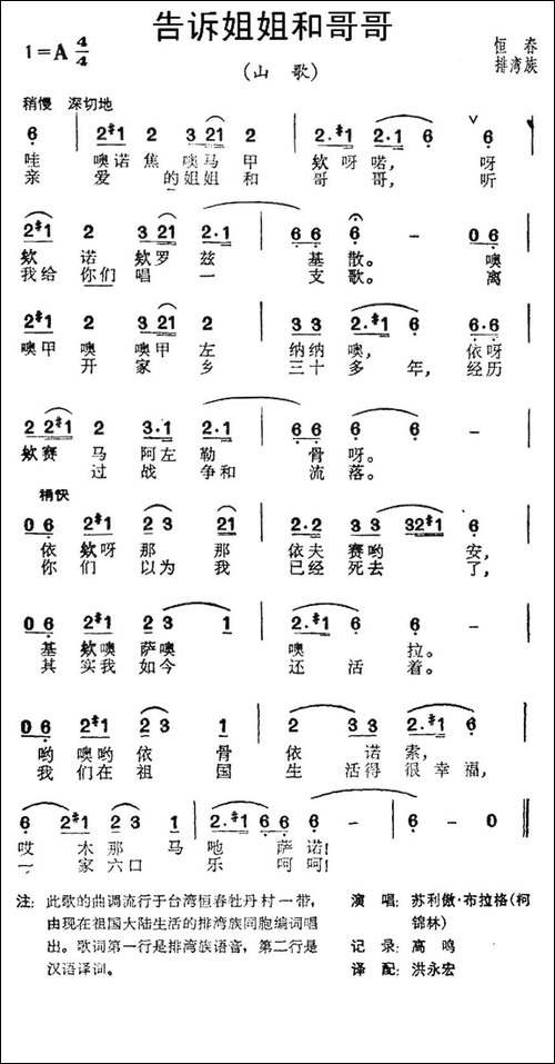 告诉姐姐和哥哥-台湾恒春排湾族山歌