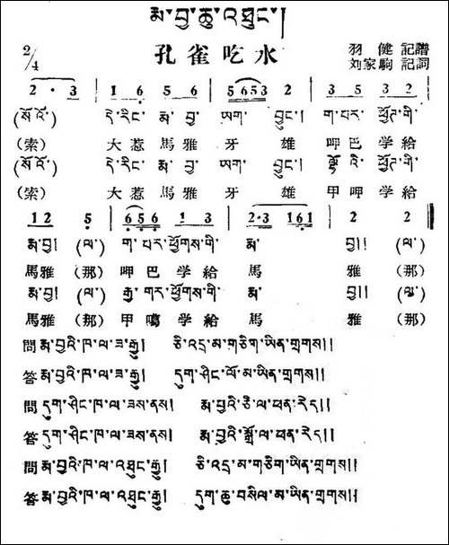 孔雀吃水-藏族民歌、藏文及音译版