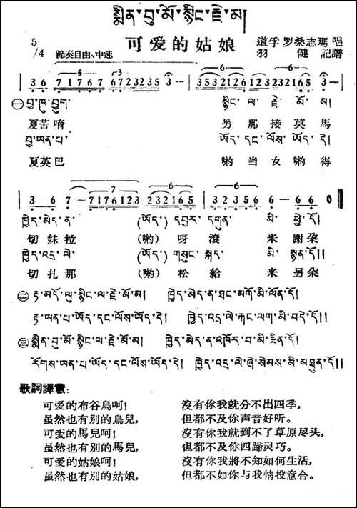 可爱的姑娘-藏族民歌、藏文及音译版