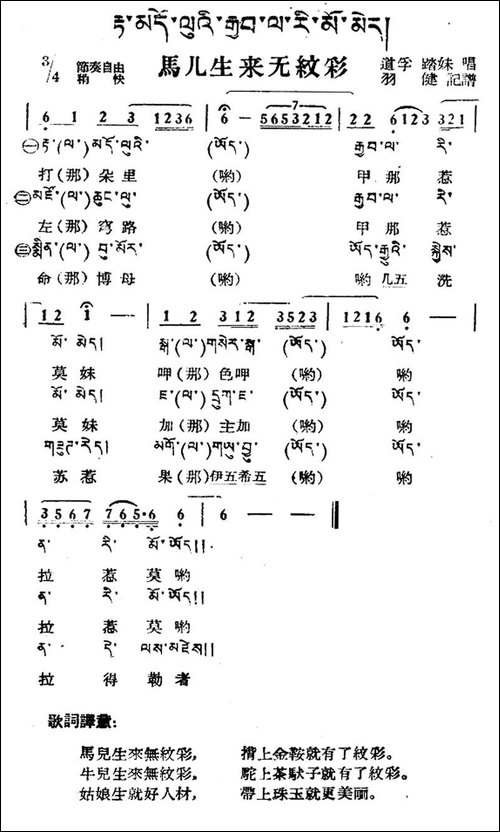 马儿生来无纹彩-藏族民歌、藏文及音译版