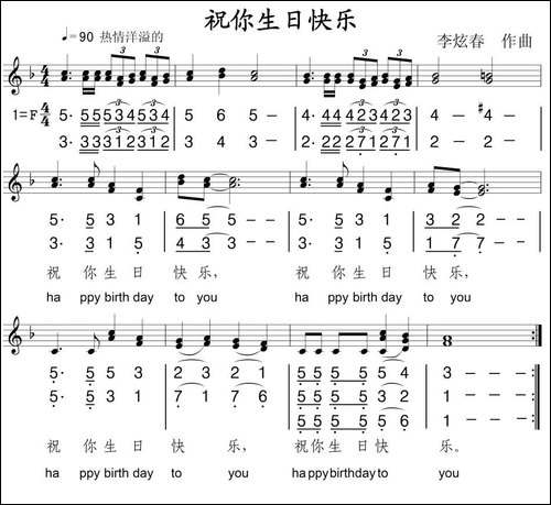 祝你生日快乐-李炫春作曲、线简谱混排、中英文对照版-民歌