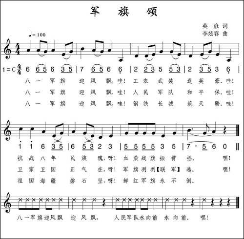 军旗颂-英彦词-李炫春曲、线简谱混排版-民歌