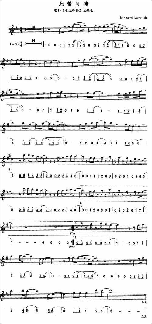 此情可待-电影《永远等待》主题曲-线简谱对照版-吉他谱