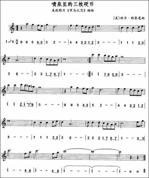 喷泉里的三枚硬币-美国电影《罗马之恋》插曲-线简谱对照版-吉他谱