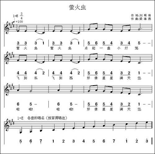 萤火虫-刘明将词-梁海燕曲、线简谱混排版