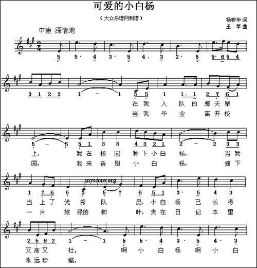 可爱的小白杨-线简谱混排版