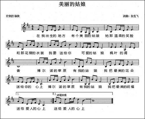 美丽的姑娘-白龙飞词曲、五线谱