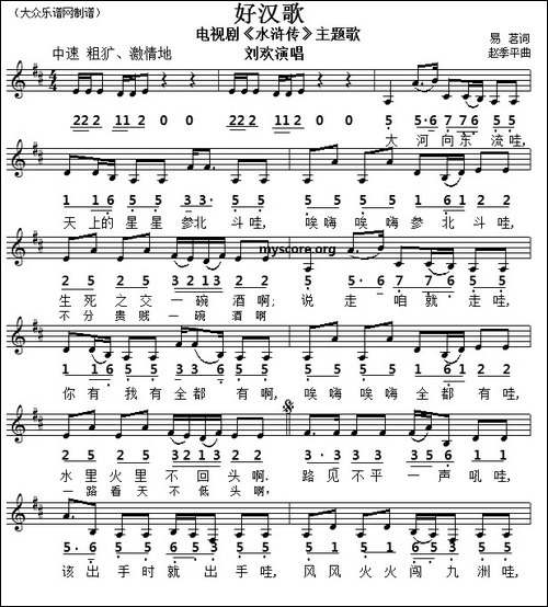 好汉歌-电视剧《水浒传》片尾曲-线简谱对照版